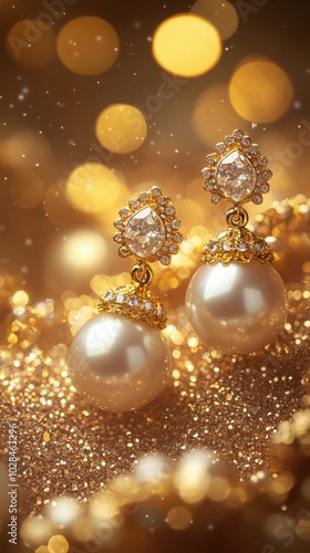 Glamorous pearl and gold earrings, on warm taupe background with soft glitter particles, with subtle bokeh lights in background, Copy space, happy Diwali background, traditional, Indian festival