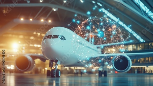 A modern airplane at an airport, showcasing advanced technology and illuminated surroundings, symbolizing air travel innovation.