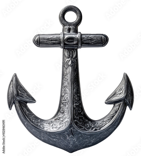 Intricate silver anchor with detailed engravings isolated on transparent background.