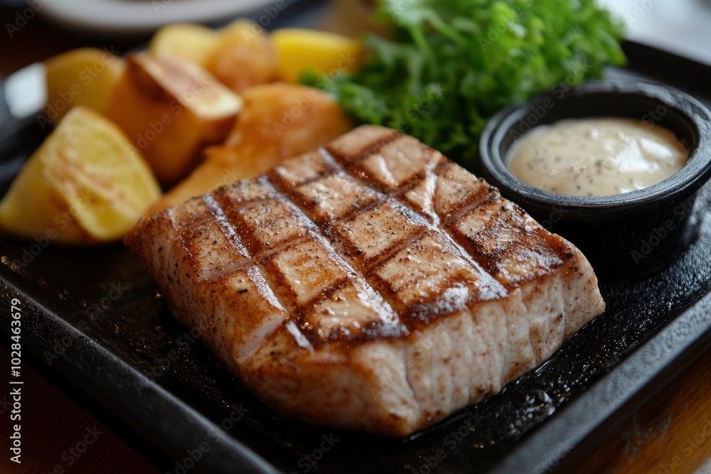 Steak, fried fish background - generative ai Steak, fried fish background - generative ai