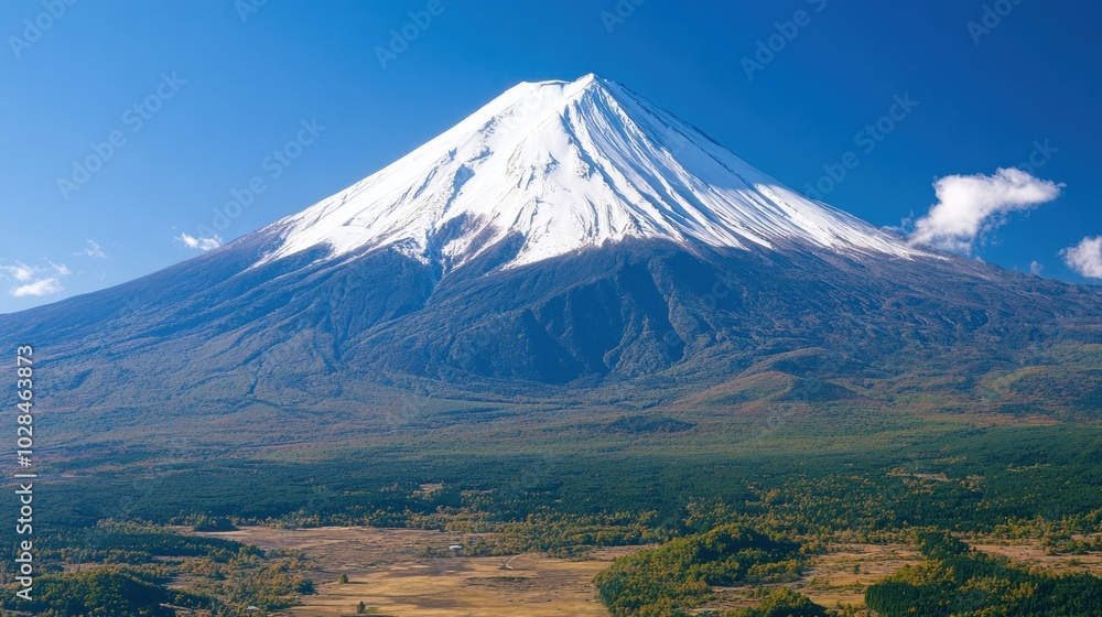 Majestic Mount Fuji with Snow-Capped Peak and Lush Forest Foothills Majestic Mount Fuji with Snow-Capped Peak and Lush Forest Foothills