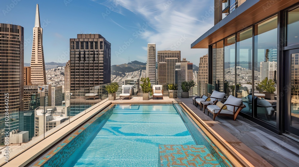 Obraz premium A rooftop pool with a view of the city skyline.