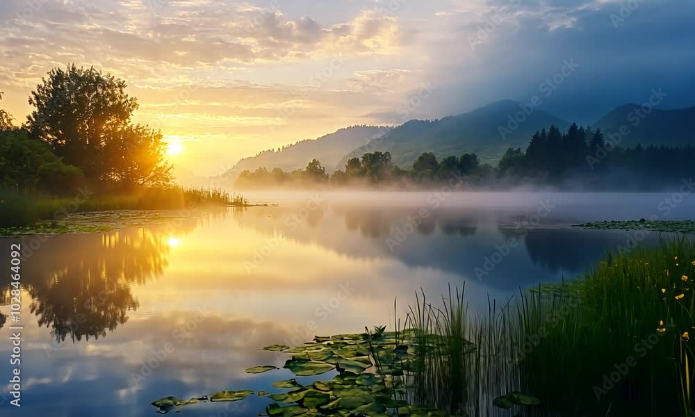 Misty Sunrise Over a Tranquil Lake Misty Sunrise Over a Tranquil Lake