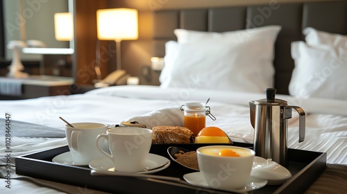 A breakfast tray with coffee, tea, fruit, and bread, in a hotel room with a bed in the background.