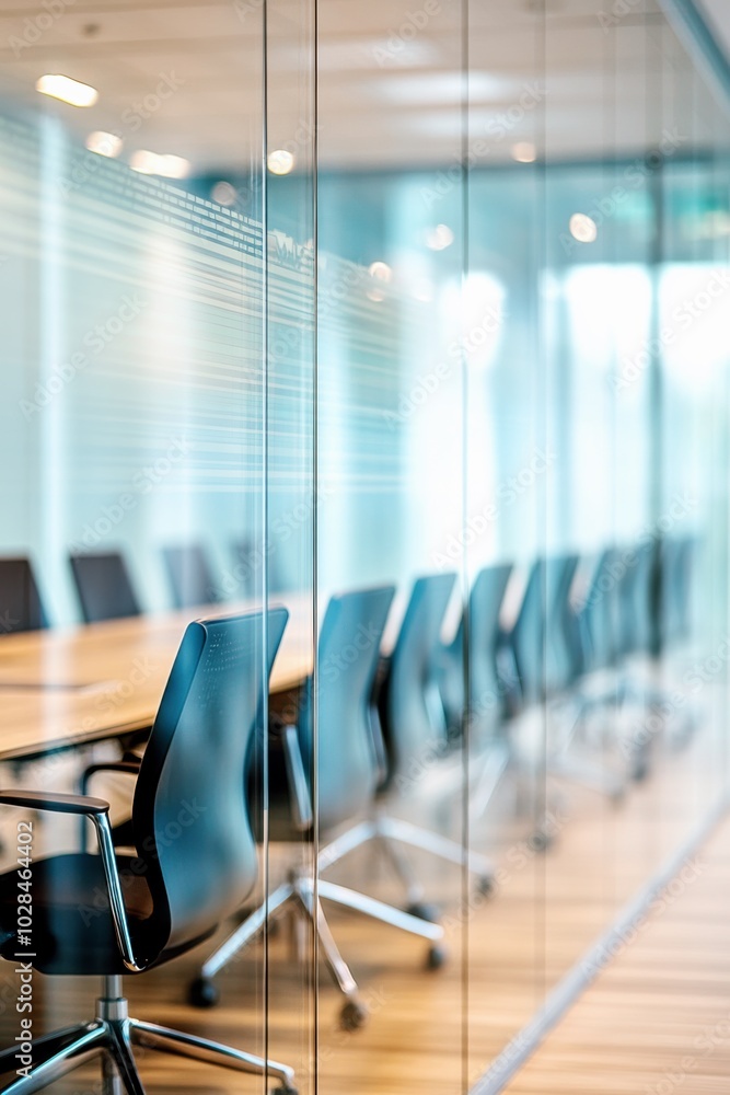 Bright modern conference room with glass walls, sleek black chairs, and large windows, symbolizing transparency, corporate collaboration, and open office design