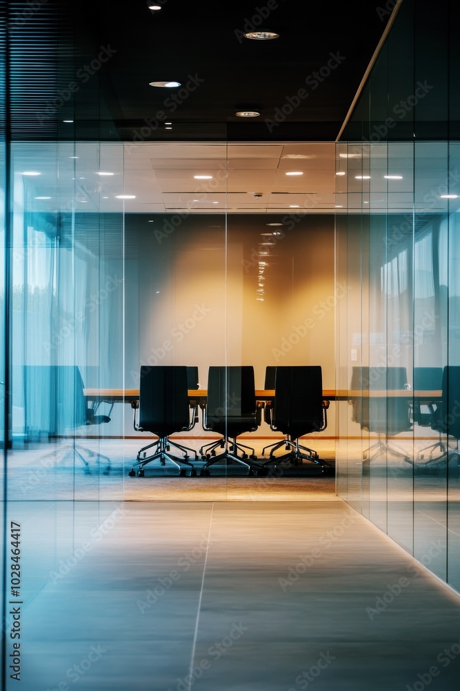 Empty corporate conference room with modern black chairs and glass walls, emphasizing professionalism, executive meetings, and a sleek, contemporary office