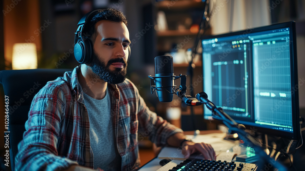 Focused Arabian Male Recording Podcast in His Well-Equipped Home Studio. Focused Arabian Male Recording Podcast in His Well-Equipped Home Studio.