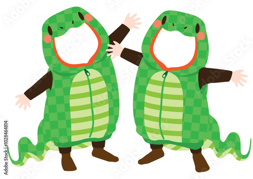 写真の顔をはめ込めるかわいい蛇の着ぐるみのベクターイラスト（2人用）