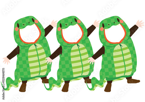 写真の顔をはめ込めるかわいい蛇の着ぐるみのベクターイラスト（3人用）