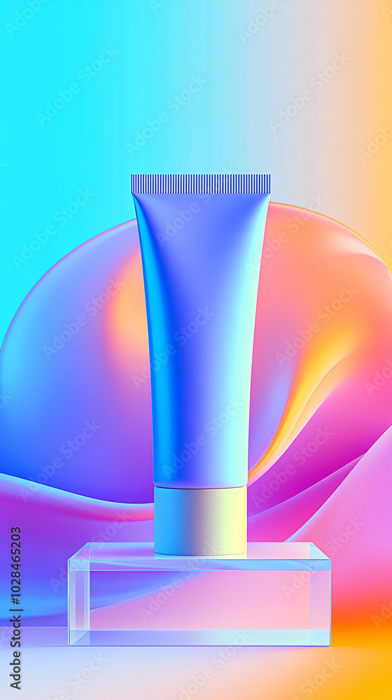 A tube of face cream stands on an acrylic stand, against the background of pink and blue gradients. In front is a large abstract rounded shape in different shades of purple, A tube of face cream stands on an acrylic stand, against the background of pink and blue gradients. In front is a large abstract rounded shape in different shades of purple,