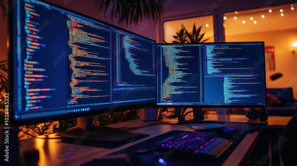 Dual Monitors Displaying Programming Code in a Home Office Dual Monitors Displaying Programming Code in a Home Office