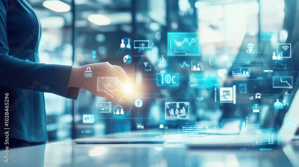 A business professional interacting with digital data on a virtual interface, showcasing technology and innovation in the workplace. A business professional interacting with digital data on a virtual interface, showcasing technology and innovation in the workplace.