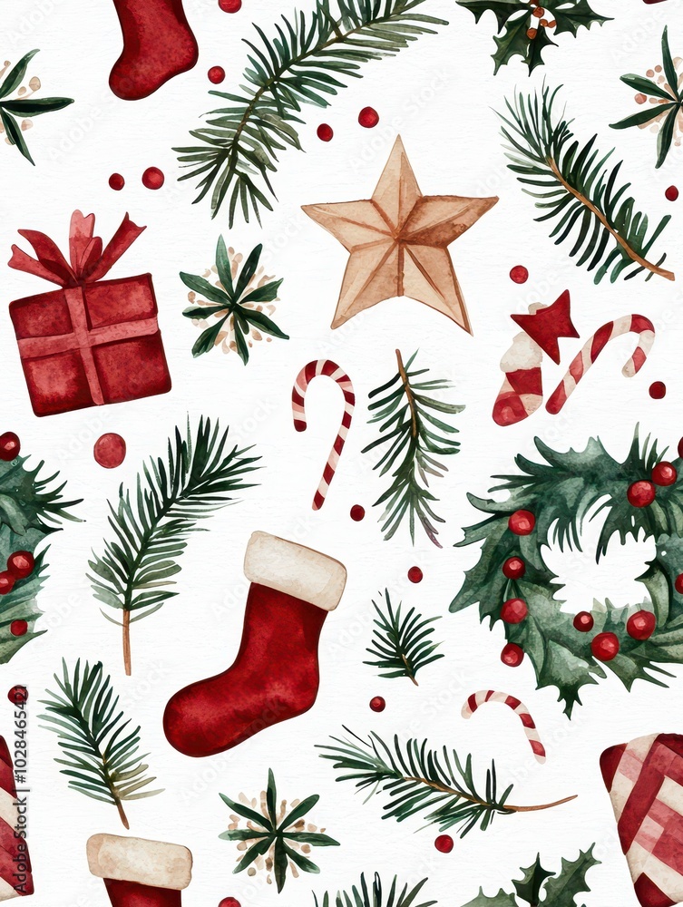 Seamless watercolor design featuring a Christmas tree, gifts, stars, stockings, and a festive wreath. Seamless watercolor design featuring a Christmas tree, gifts, stars, stockings, and a festive wreath.