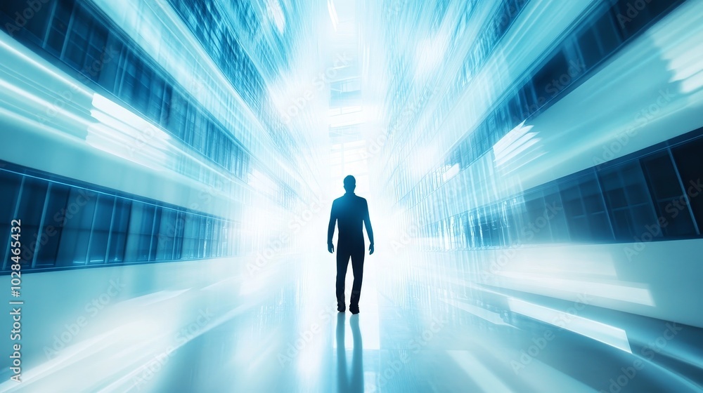 A silhouette of a person stands in a futuristic corridor filled with light, symbolizing discovery and innovation. A silhouette of a person stands in a futuristic corridor filled with light, symbolizing discovery and innovation.