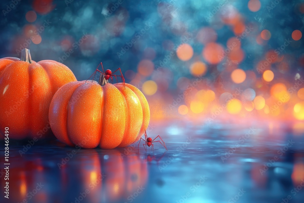 Halloween pumpkins with spider on a shiny light background with generative ai Halloween pumpkins with spider on a shiny light background with generative ai