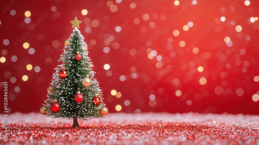 Miniature Christmas tree with decorations and sparkling fairy lights, with glittery solid red background, copy space, Merry Christmas background, holiday decor ad, festive showcase Miniature Christmas tree with decorations and sparkling fairy lights, with glittery solid red background, copy space, Merry Christmas background, holiday decor ad, festive showcase