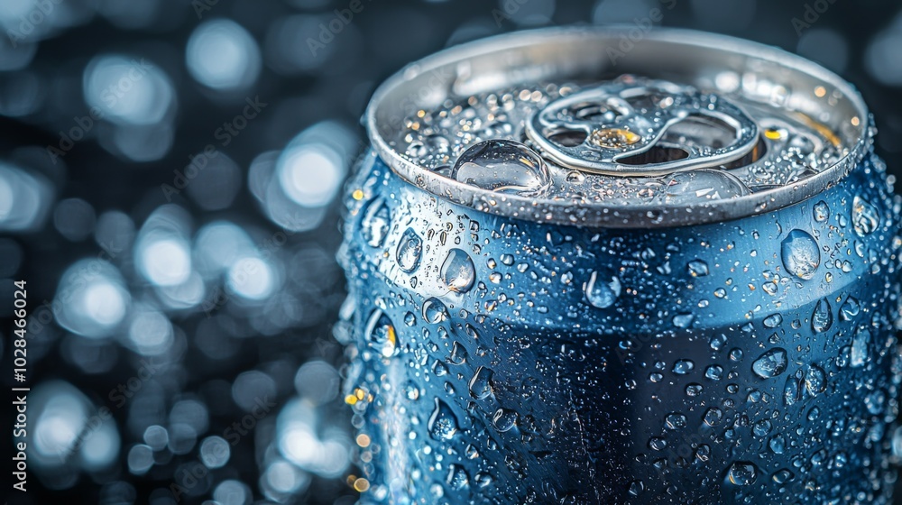 top view of an aluminum can with water droplets and sparkles. top view of an aluminum can with water droplets and sparkles.