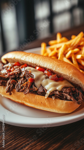 Wallpaper Mural Sandwich with cheesesteak and French fries on a white plate Torontodigital.ca