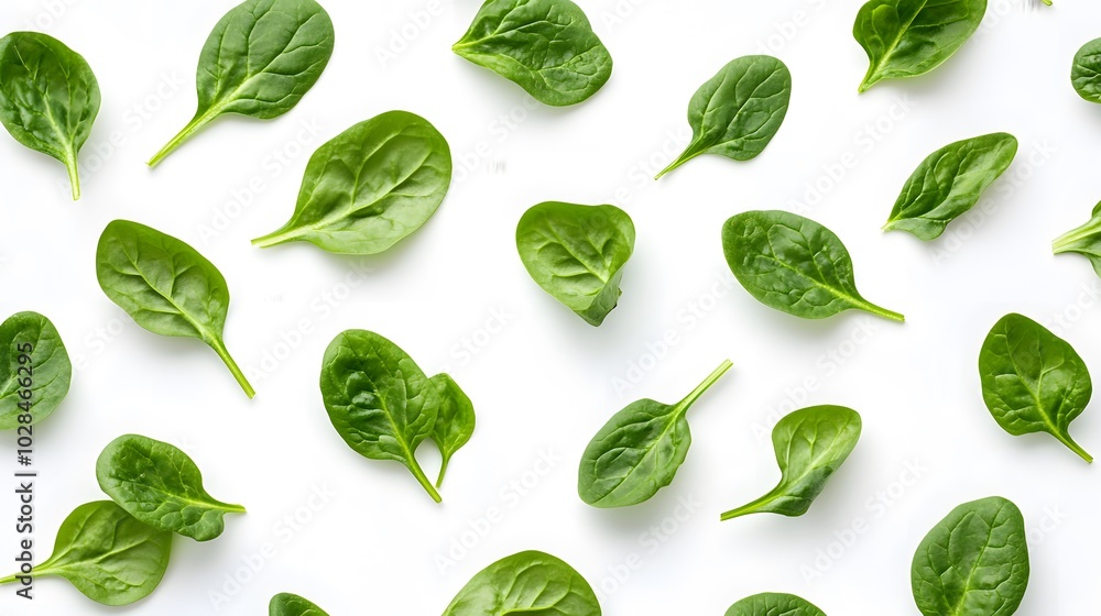 Fresh green healthy spinach on white background, top view. Fresh green healthy spinach on white background, top view.