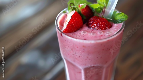 A tall glass of strawberry smoothie topped with strawberries and mint.