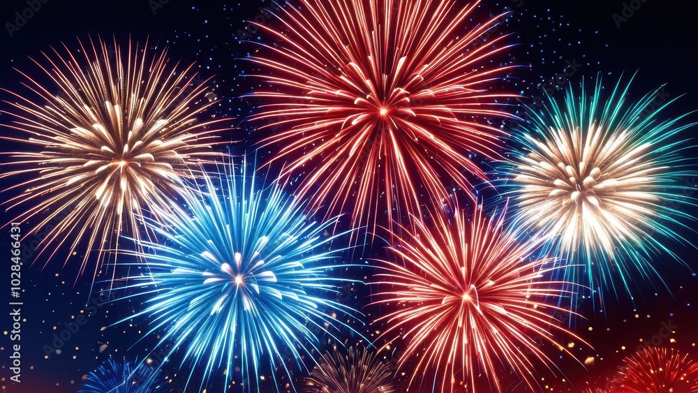 Vibrant red and blue fireworks display exploding in the night sky, creating a festive and celebratory atmosphere Vibrant red and blue fireworks display exploding in the night sky, creating a festive and celebratory atmosphere
