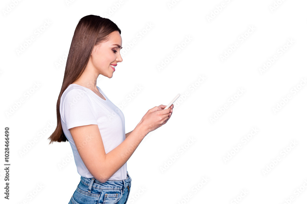 Profile side photo of cute lady looking into her device smiling searching news wearing white t-shirt denim isolated over blue background Profile side photo of cute lady looking into her device smiling searching news wearing white t-shirt denim isolated over blue background