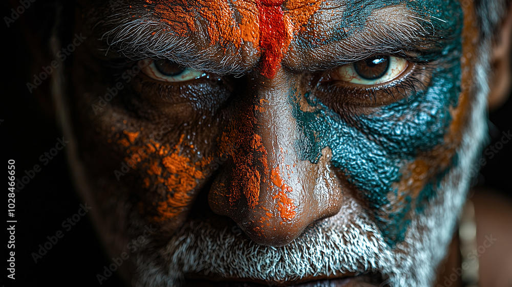 Intense Energy of Businessman with Indian Flag Paint Amidst Dark Jungle. Intense Energy of Businessman with Indian Flag Paint Amidst Dark Jungle.