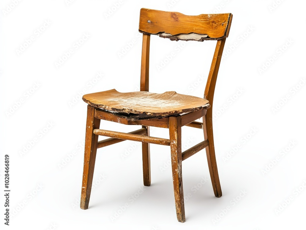 Broken Chair. Isolated Chair with Wooden Leg on White Background Broken Chair. Isolated Chair with Wooden Leg on White Background