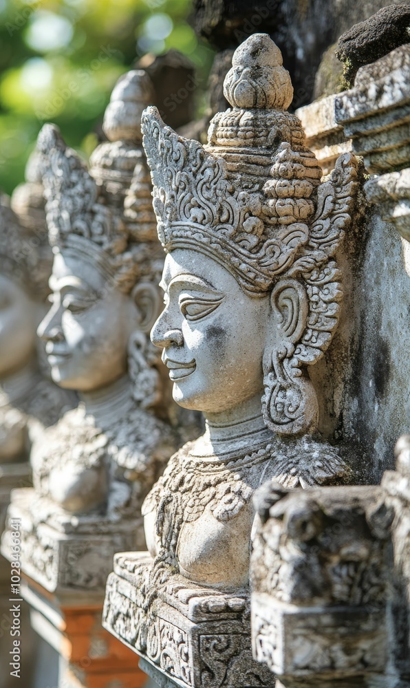 Detailed stone statues of female figures in a row. Detailed stone statues of female figures in a row.