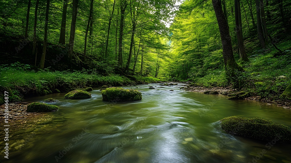 Obraz premium 35. A tranquil river flowing through a dense forest, with no signs of civilization