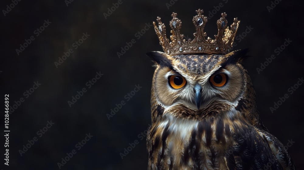 Fototapeta premium Portrait of a wise owl wearing a crown, velvet luxurious studio backdrop, soft lighting, professional photography, copy space