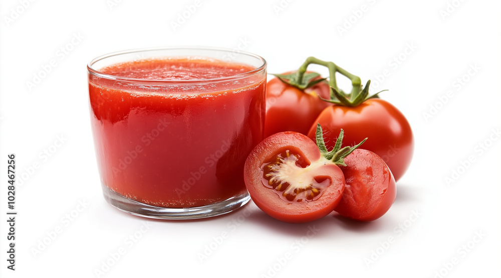 A glass of tomato juice and tomatoes nearby on a white background close up, created with Generative AI technology A glass of tomato juice and tomatoes nearby on a white background close up, created with Generative AI technology