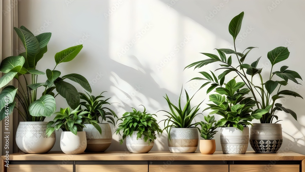Collection of Houseplants in Pots on a Wooden Shelf Collection of Houseplants in Pots on a Wooden Shelf