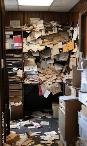 A cluttered office with overflowing papers.