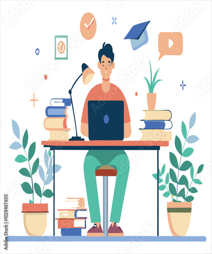 Student with laptop studying on online course