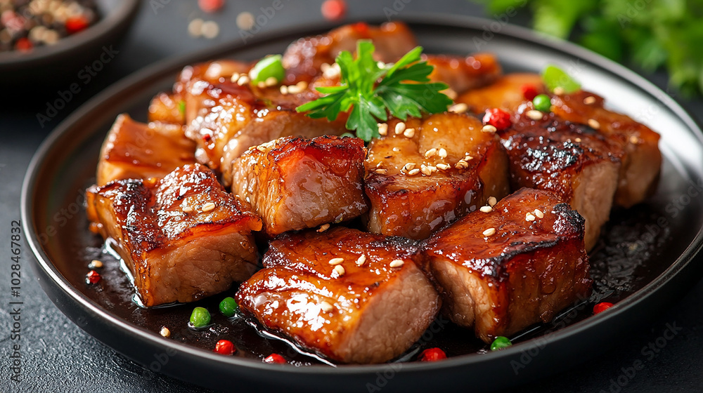 Succulent pork belly simmered in soy sauce and ginger Succulent pork belly simmered in soy sauce and ginger
