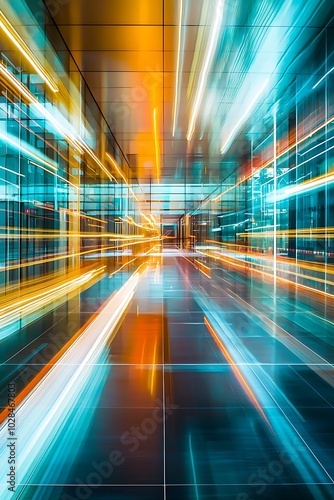 Dynamic light patterns in modern office lobby shown in long exposure.