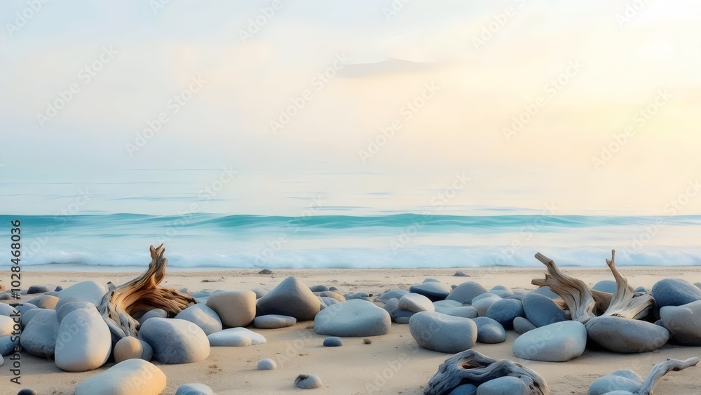 Serene Beach Scene with Rocks, Driftwood, and Waves Serene Beach Scene with Rocks, Driftwood, and Waves