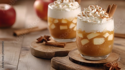 Two Glasses of Apple Cider with Whipped Cream and Cinnamon Sticks