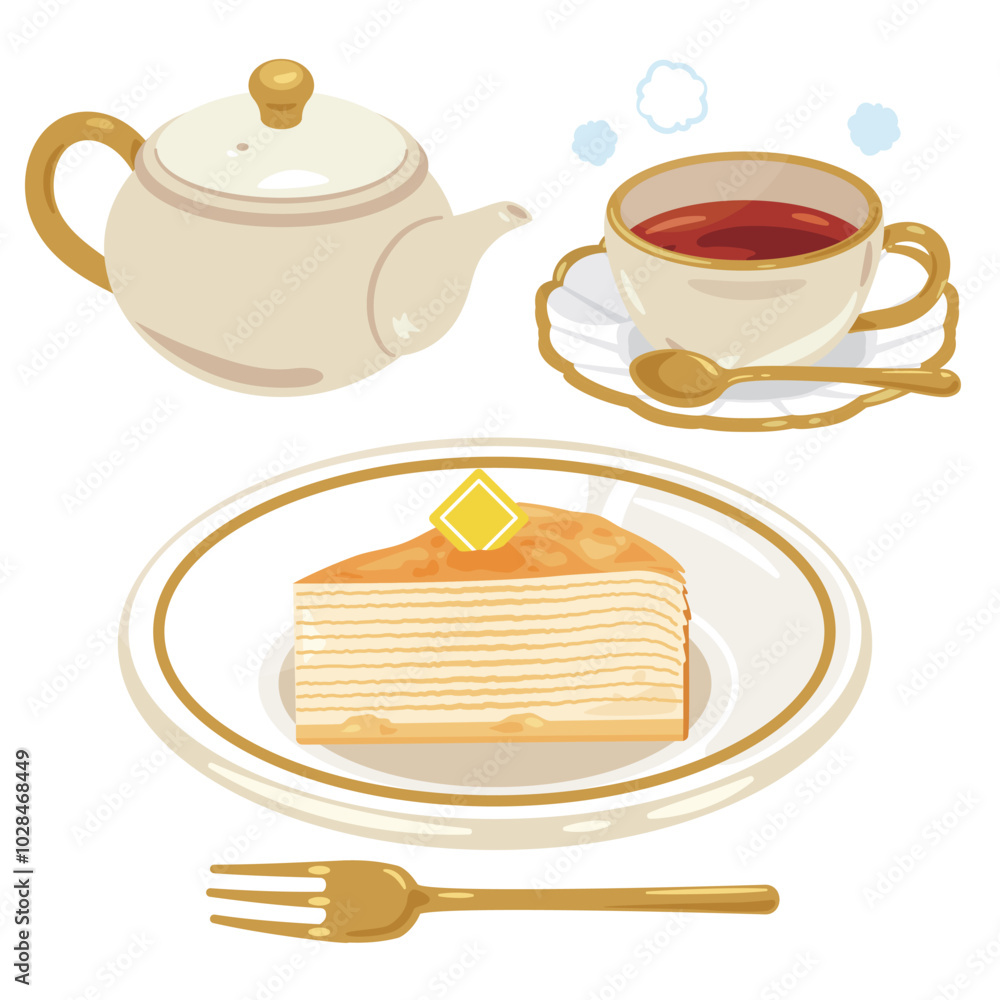 皿に盛られたミルクレープと紅茶セット 皿に盛られたミルクレープと紅茶セット