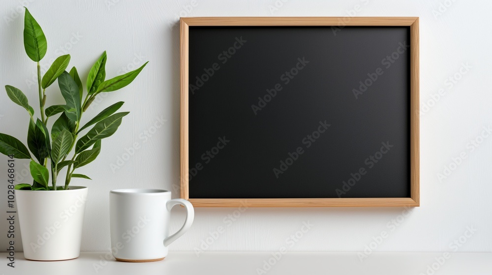 Room decor with chalkboard mockup. Growing plant and coffee cup near info board template advertising image. Office setting with blackboard mock up on wall product photorealistic Room decor with chalkboard mockup. Growing plant and coffee cup near info board template advertising image. Office setting with blackboard mock up on wall product photorealistic