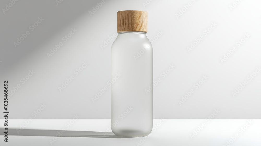 A sleek glass water bottle with a wooden cap, designed for hydration and eco-friendliness. A sleek glass water bottle with a wooden cap, designed for hydration and eco-friendliness.