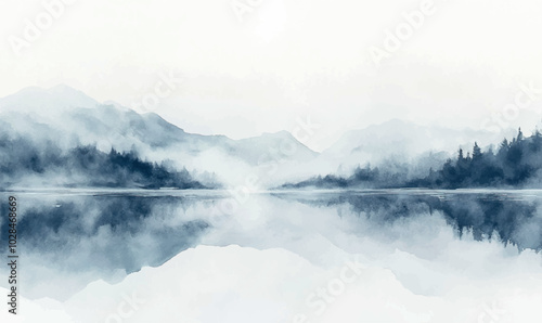 Watercolor background silhouettes of snow-covered pines in soft blue and white shades	
