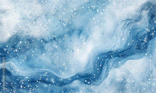 Abstract watercolor background in cool tones with smooth streaks, resembling the swirling winter wind carrying snowflakes through the air