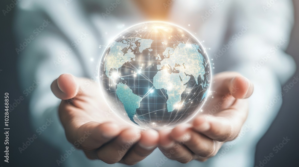 A person holds a glowing globe, symbolizing global connection and responsibility in a modern, digital world. A person holds a glowing globe, symbolizing global connection and responsibility in a modern, digital world.
