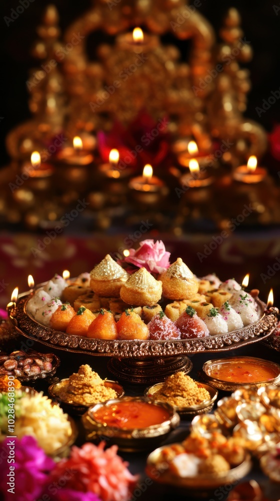 Traditional Indian sweets arranged on a thali surrounded by diyas, with a background of an ornate, festive Diwali altar filled with decorations. Copy space, happy Diwali background, traditional Traditional Indian sweets arranged on a thali surrounded by diyas, with a background of an ornate, festive Diwali altar filled with decorations. Copy space, happy Diwali background, traditional