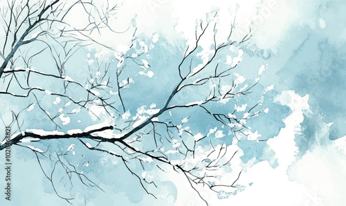 Watercolor silhouettes of tree branches covered in snow, with gentle white and light blue blurring, adding a fairy-tale winter feel	
