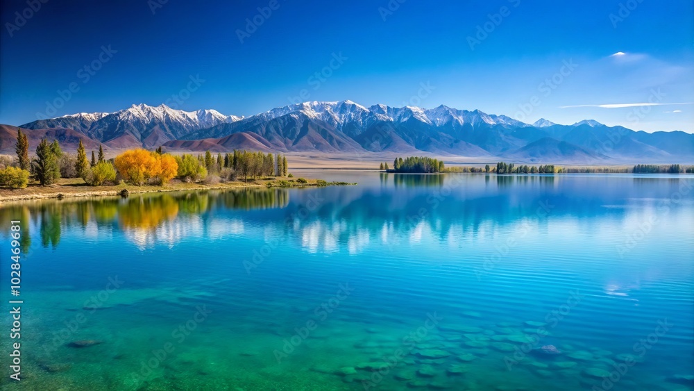Fototapeta premium A serene turquoise lake nestled in Kazakhstan, Issyk Kul showcases minimalistic beauty, reflecting nature's magnificence through its tranquil waters and breathtaking surrounding landscapes.