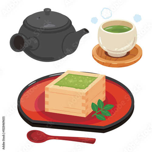 お盆に盛られた升入りティラミスと日本茶セット