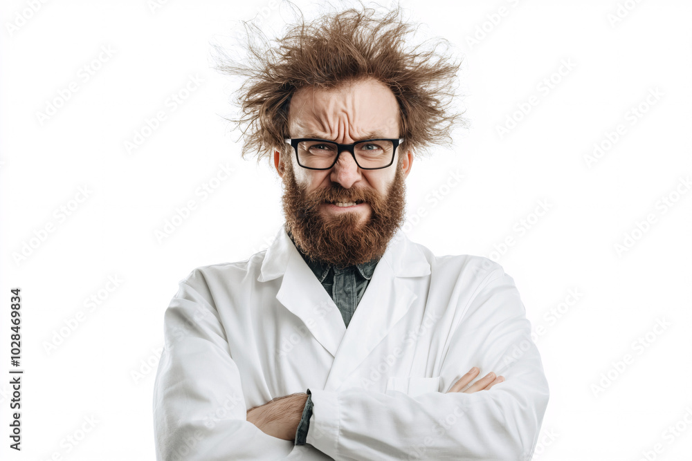 Obraz premium Man in a lab coat with wild hair and glasses crossing his arms while making an intense expression on a white background 